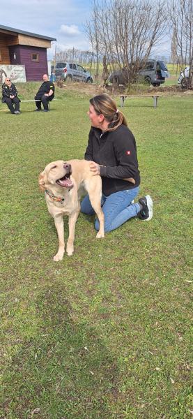 Evi bei einem Seminar mit einem fröhlichen Labrador
